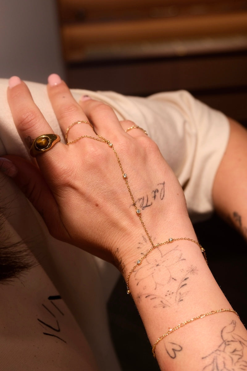 zu sehen ist eine hand mit einer Handkette in gold die am Mittelfinger beginnt und dann richtung Handgelenk geht wo sie dann ganz normal als armband befestigt wird