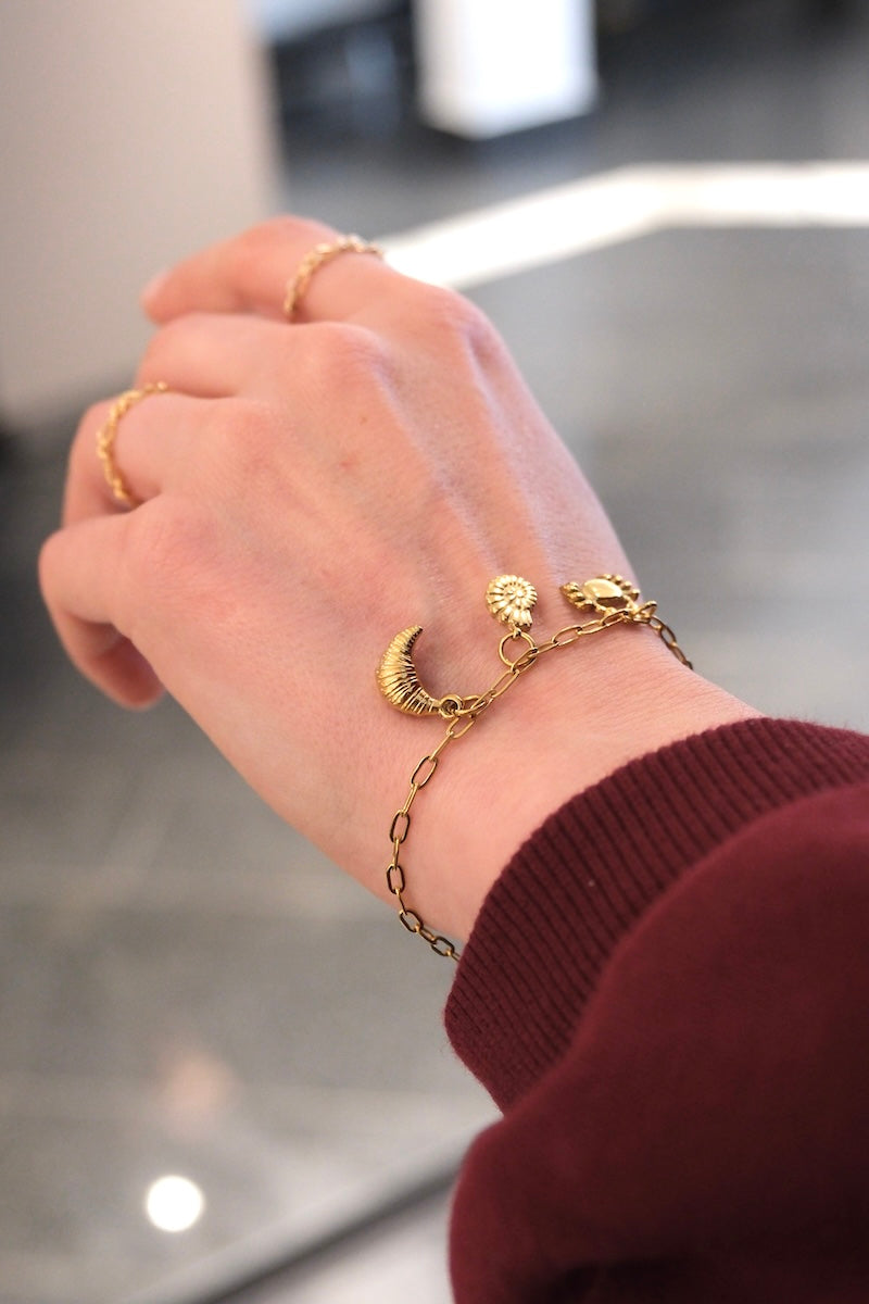 feines gold armband kombiniert mit einem croissant charm, muschel charm und Krabben charm